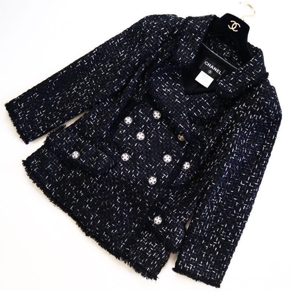 Black and White Ribbon Knit Peacoat Jacket